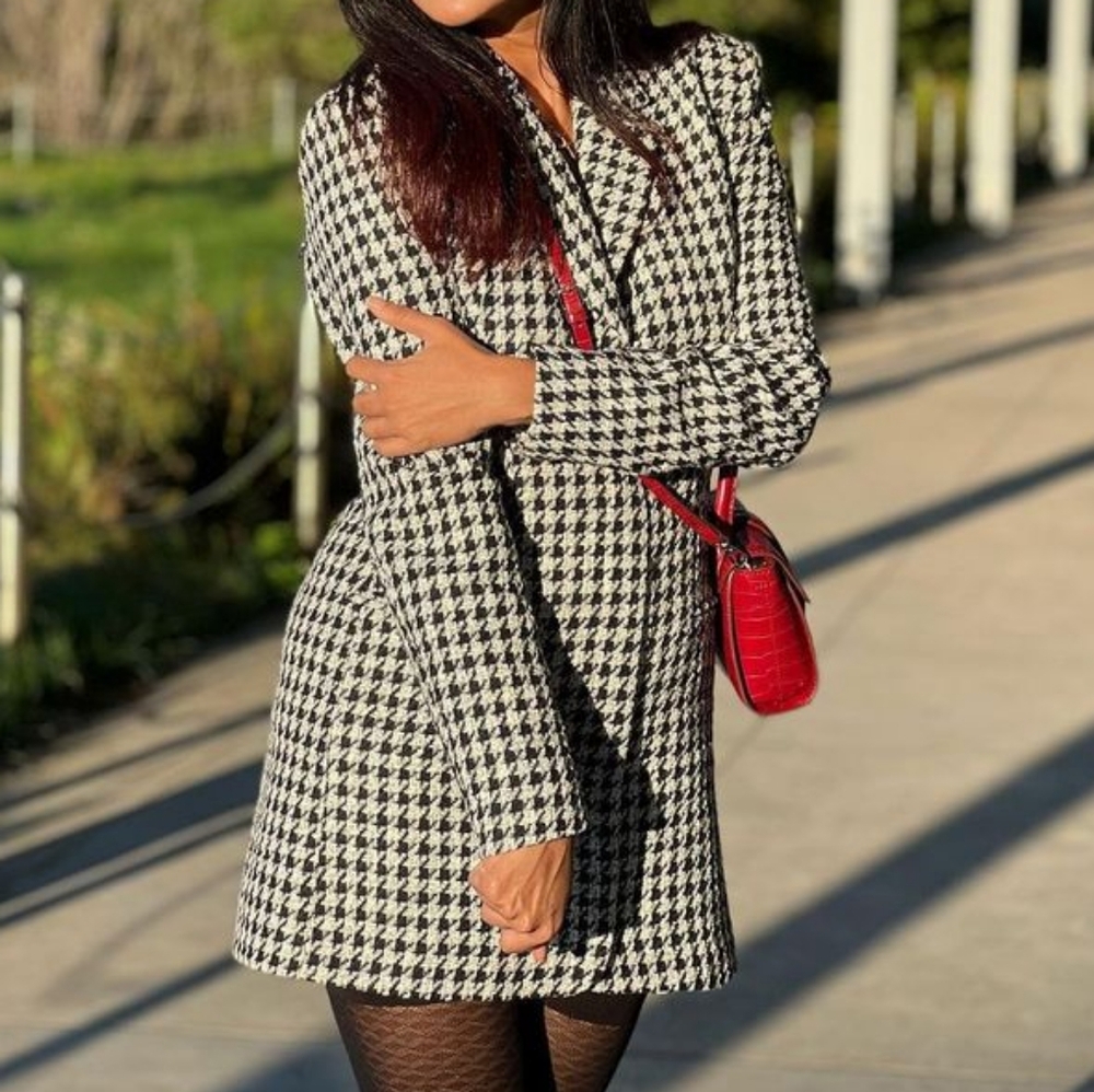 PrettyLittleThing Black Monochrome Houndstooth Dress Blazer Size M/L - Picture 2 of 5